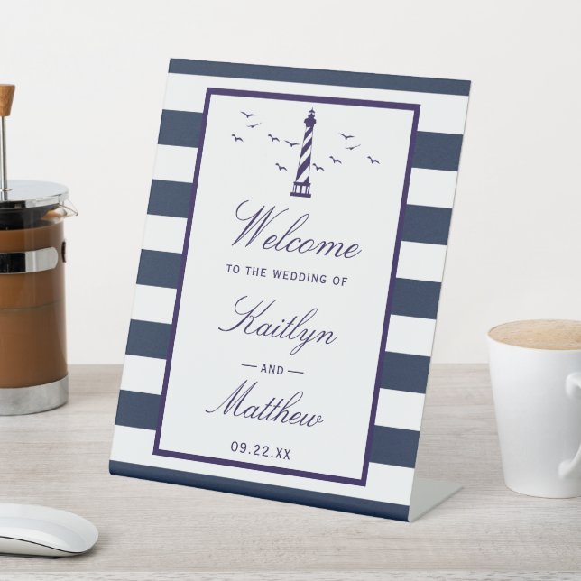 The Nautical Lighthouse Wedding Collection Welcome Pedestal Sign (In SItu)