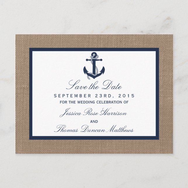 The Navy Anchor On Burlap Beach Wedding Collection Announcement Postcard (Front)