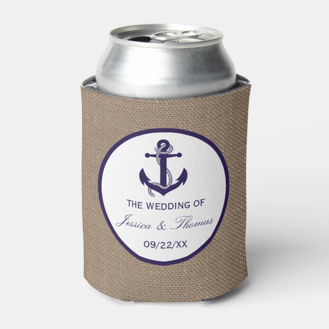The Navy Anchor On Burlap Beach Wedding Collection Can Cooler (Can Front)