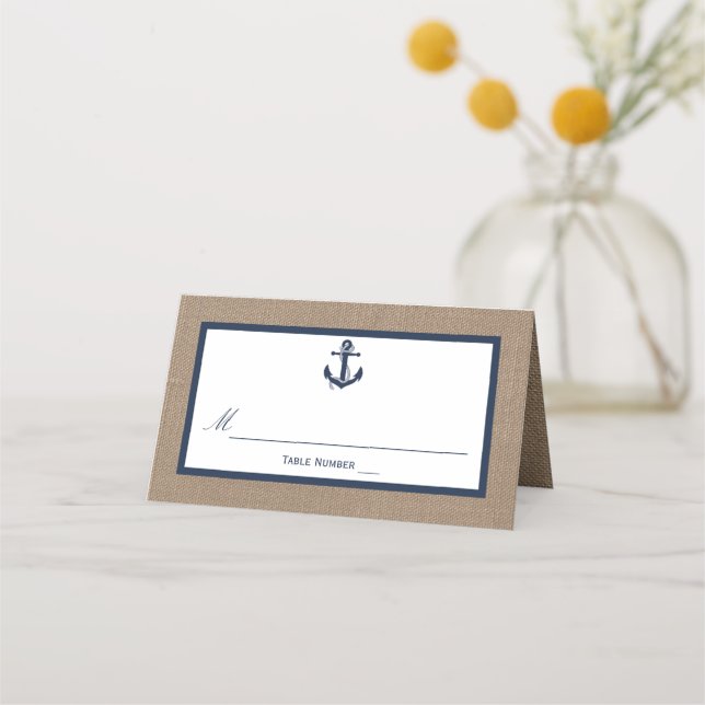 The Navy Anchor On Burlap Beach Wedding Collection Place Card (Front)