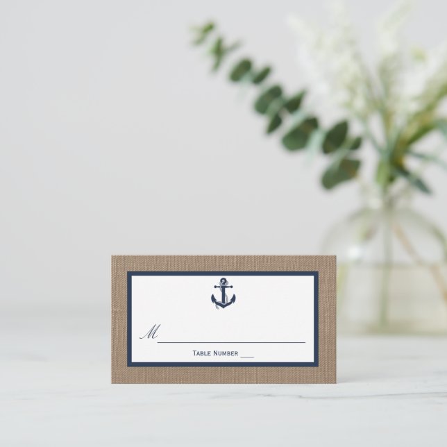 The Navy Anchor On Burlap Beach Wedding Collection Place Card (Standing Front)