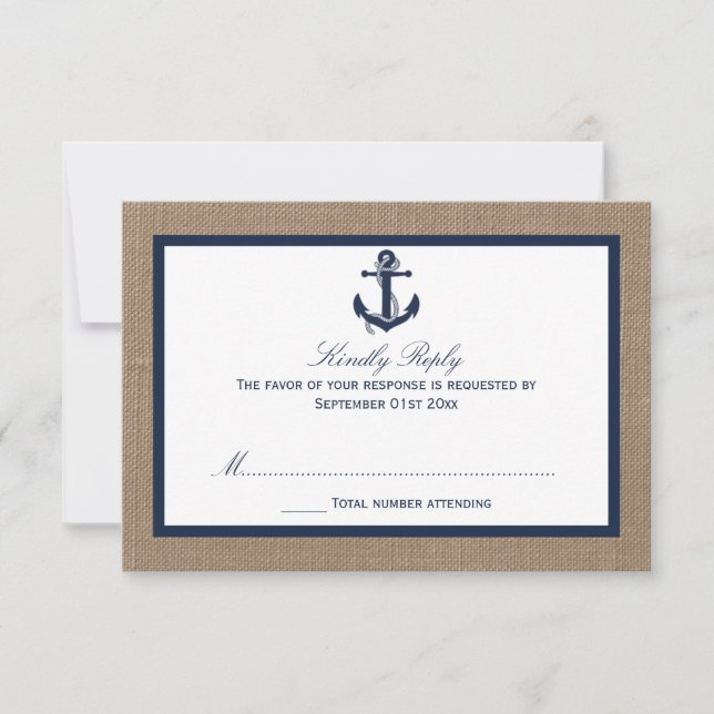 The Navy Anchor On Burlap Beach Wedding Collection RSVP Card (Front)