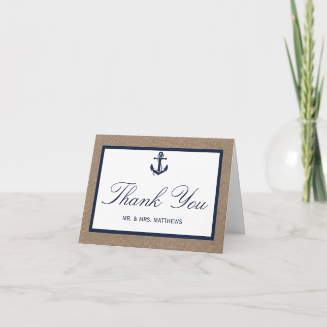 The Navy Anchor On Burlap Beach Wedding Collection Thank You Card (Front)