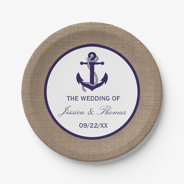 The Navy Anchor On Burlap Collection Paper Plate (Front)