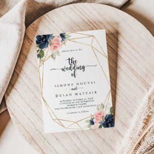 The Navy Blush Floral Gold Geometric Wedding Invitation