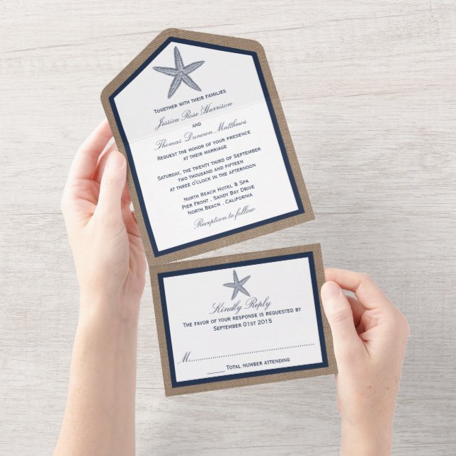 The Navy Starfish Burlap Beach Wedding Collection All In One Invitation (Tearaway)