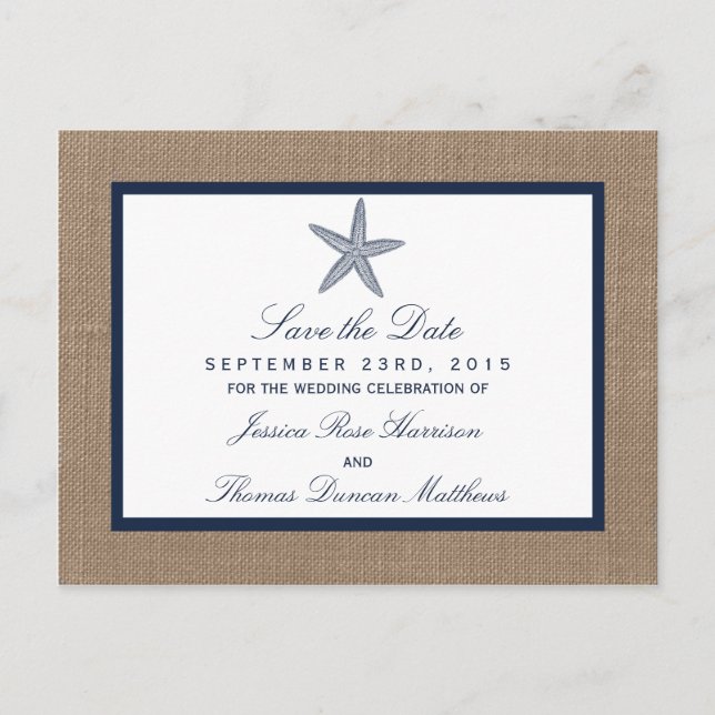 The Navy Starfish Burlap Beach Wedding Collection Announcement Postcard (Front)