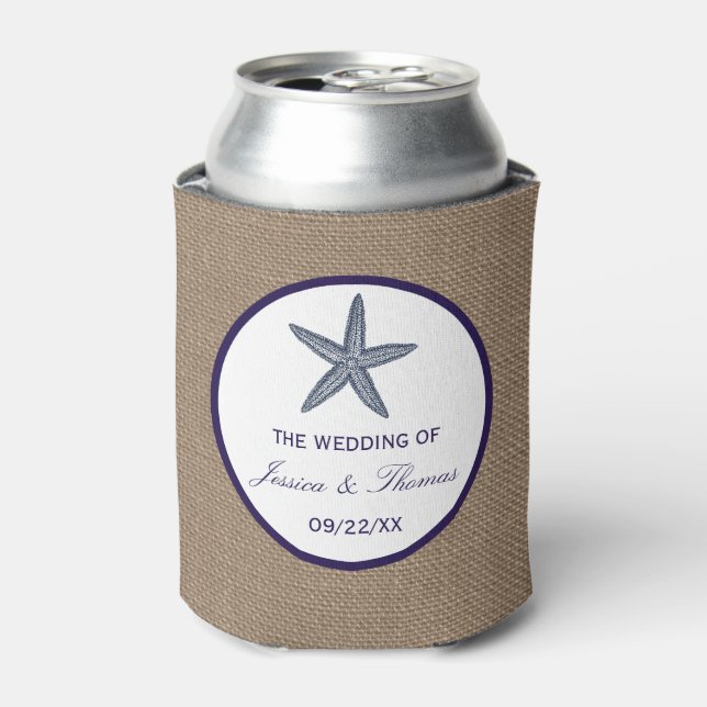 The Navy Starfish Burlap Beach Wedding Collection Can Cooler (Can Front)