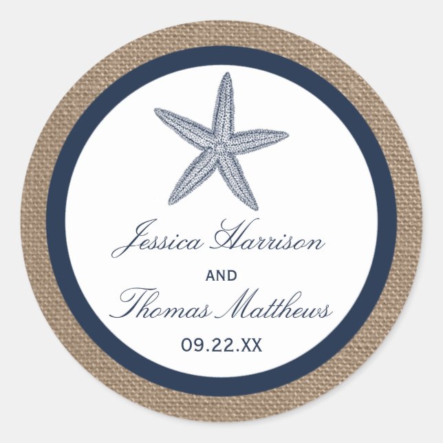 The Navy Starfish Burlap Beach Wedding Collection Classic Round Sticker (Front)