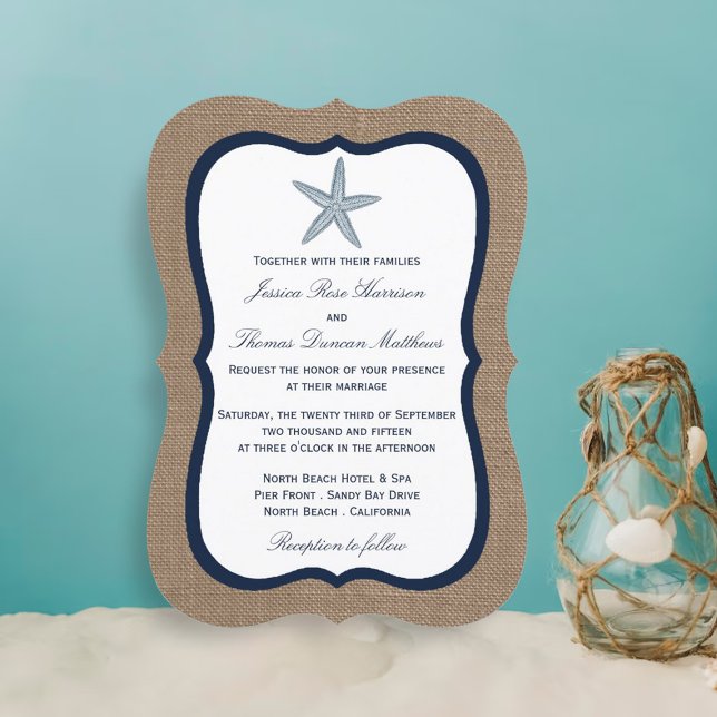 The Navy Starfish Burlap Beach Wedding Collection Invitation (Creator Uploaded)
