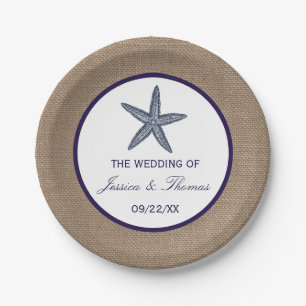 The Navy Starfish Burlap Beach Wedding Collection Paper Plate