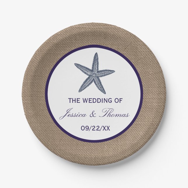 The Navy Starfish Burlap Beach Wedding Collection Paper Plate (Front)