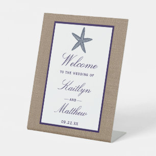The Navy Starfish Burlap Beach Wedding Collection Pedestal Sign