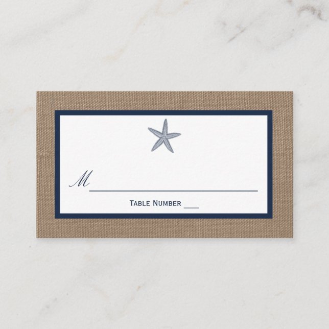 The Navy Starfish Burlap Beach Wedding Collection Place Card (Front)