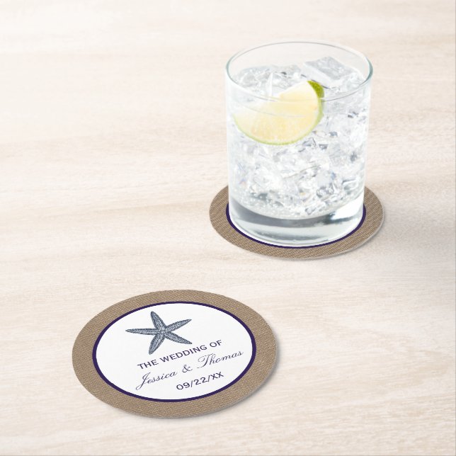 The Navy Starfish Burlap Beach Wedding Collection Round Paper Coaster (Insitu)