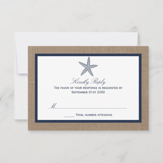 The Navy Starfish Burlap Beach Wedding Collection RSVP Card (Front)