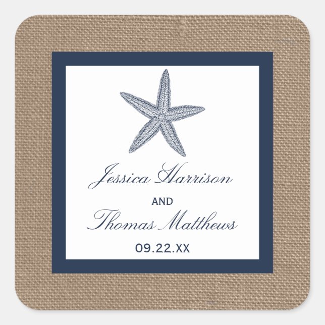 The Navy Starfish Burlap Beach Wedding Collection Square Sticker (Front)