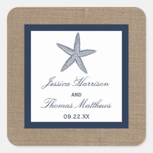 The Navy Starfish Burlap Beach Wedding Collection Square Sticker