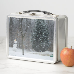 The Neighbor's Snowman Winter Snow Scene Metal Lunch Box