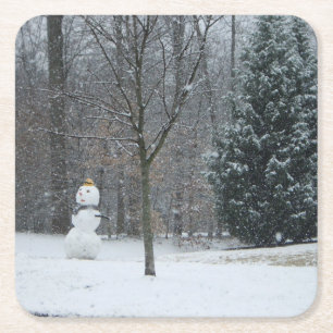 The Neighbour's Snowman Winter Snow Scene Square Paper Coaster