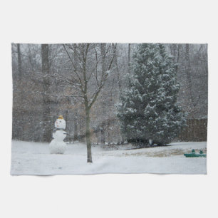 The Neighbour's Snowman Winter Snow Scene Tea Towel