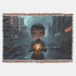 The Neon Refugee Girl: Futuristic Cyberpunk Throw Blanket