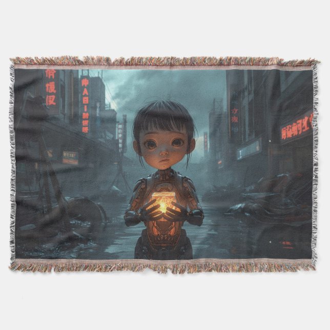 The Neon Refugee Girl: Futuristic Cyberpunk  Throw Blanket (Front)