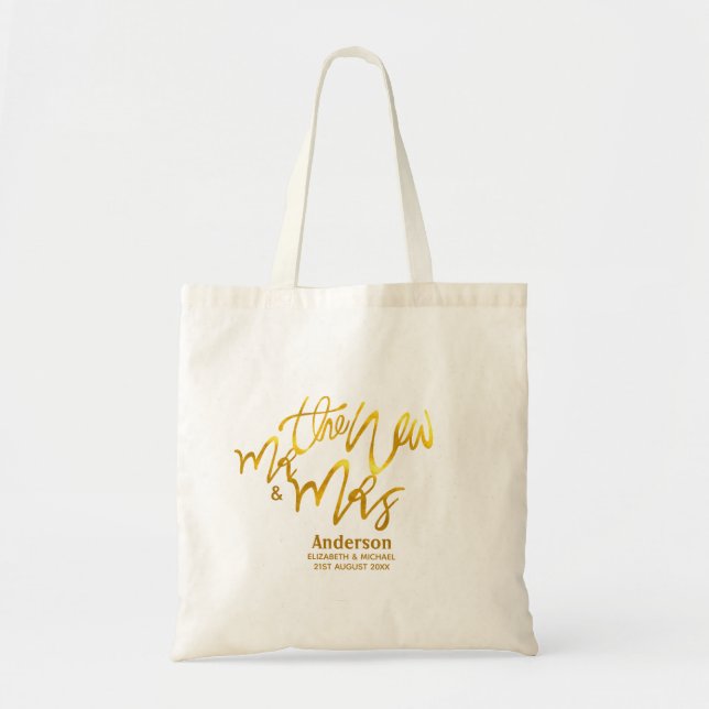 The New Mr and Mrs (add name, date, venue) Gold Tote Bag (Front)