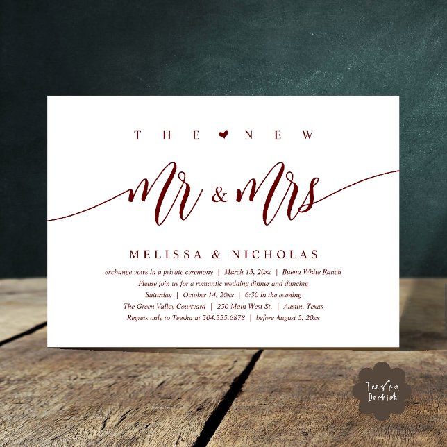 The New Mr and Mrs, Modern Wedding Dinner Party Invitation (The New Mr and Mrs, Modern Romantic Wedding Dinner Party Invites Card PDF in Burgundy Wine Red)