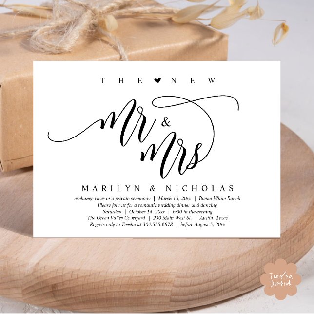 The New Mr and Mrs, Modern Wedding Dinner Party Invitation (The New Mr and Mrs, Modern Romantic Wedding Dinner Party Invites Minimalist Card PDF in Black White)