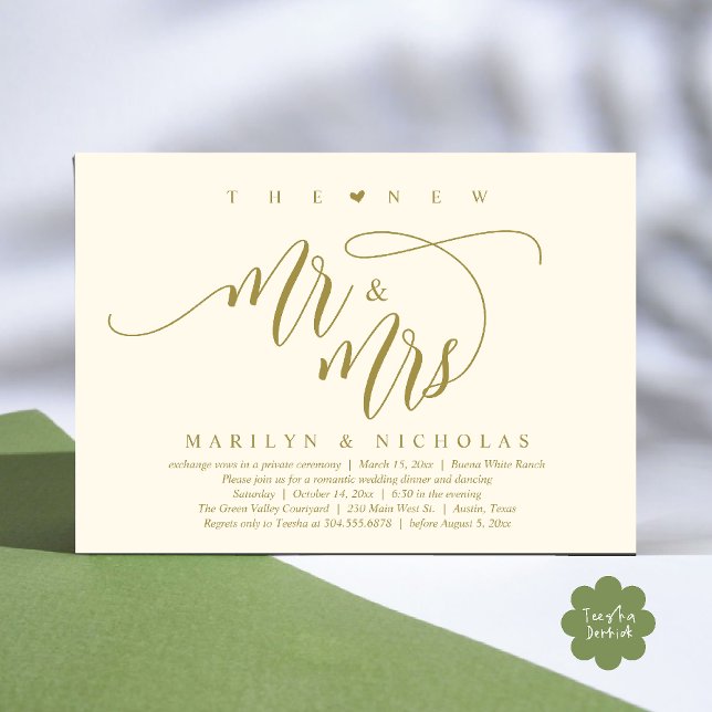 The New Mr and Mrs, Modern Wedding Dinner Party Invitation (The New Mr and Mrs, Modern Romantic Wedding Dinner Party Invites Card PDF in Aesthetic Yellow Gold)