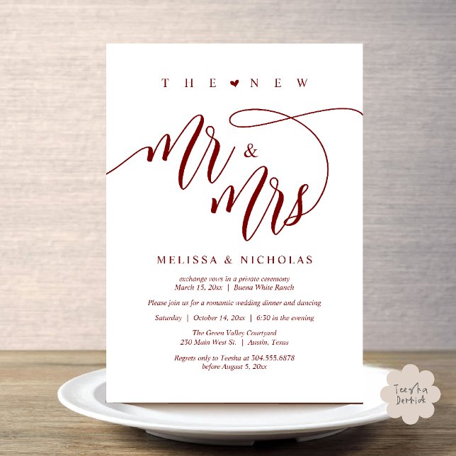 The New Mr and Mrs Modern Wedding Party Dinner Invitation (The New Mr and Mrs, Modern Romantic Wedding Dinner Party Invites Card PDF in Burgundy Wine Red)