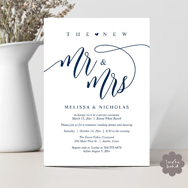 The New Mr and Mrs Modern Wedding Party Dinner Invitation (The New Mr and Mrs, Modern Romantic Wedding Dinner Party Invites Minimalist Card PDF in Navy blue)