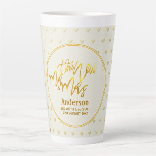 The New Mr and Mrs (name,date) Wedding Gold Hearts Latte Mug