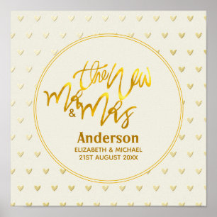 The New Mr and Mrs (name,date) Wedding Gold Hearts Poster