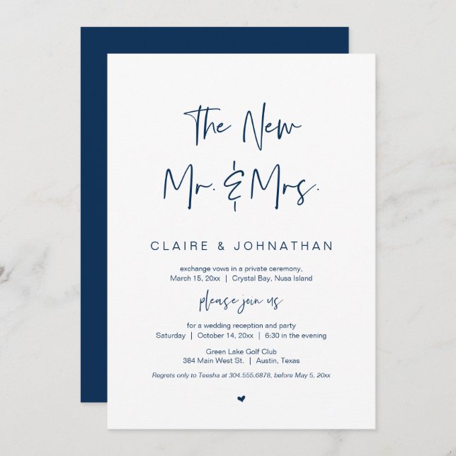 The new Mr and Mrs, Navy Blue, Elopement Party Invitation (Front/Back)