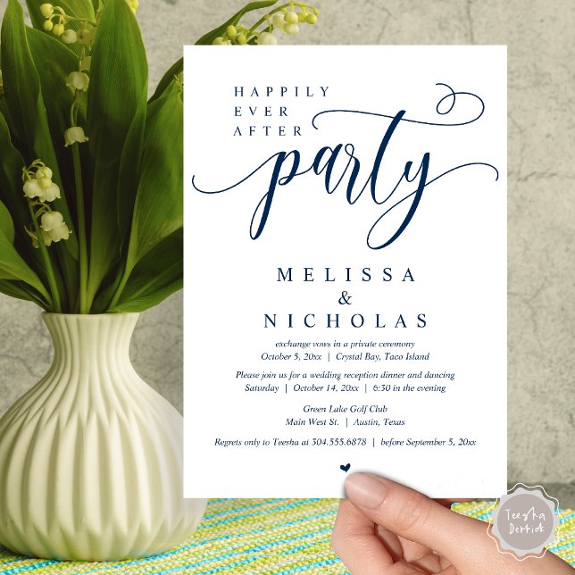 The New Mr and Mrs, Wedding Elopement Dinner Party Invitation (Happily ever after party, Wedding Elopement Dinner Dancing Invitation Card, PDF, Navy Blue)
