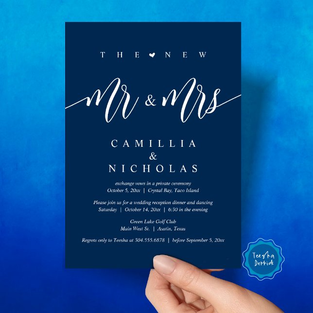The New Mr and Mrs, Wedding Elopement Dinner Party Invitation (The New Mr and Mrs, Wedding Elopement Dinner Party Invitation Card, PDF, Navy Blue)