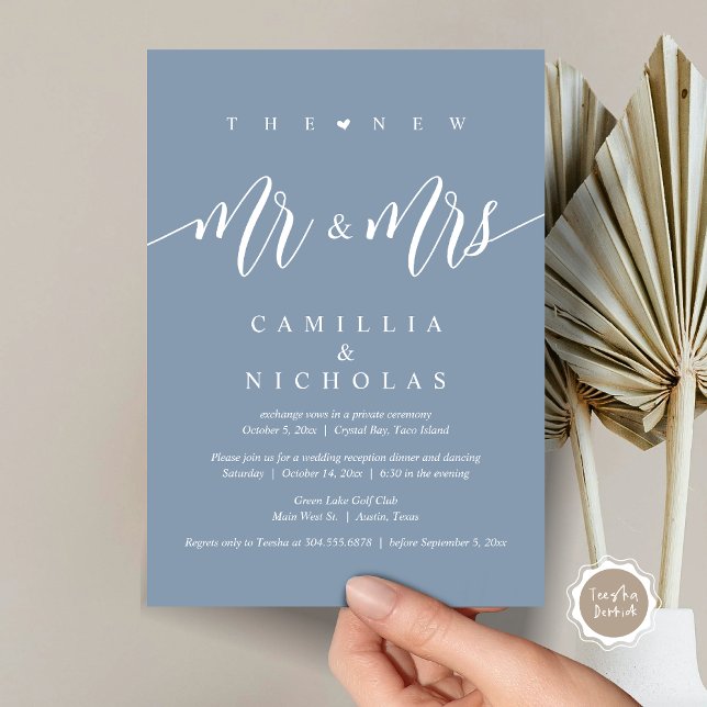 The New Mr and Mrs, Wedding Elopement Dinner Party Invitation (The New Mr and Mrs, Wedding Elopement Dinner Party Invitation Card, PDF, Dusty Blue)