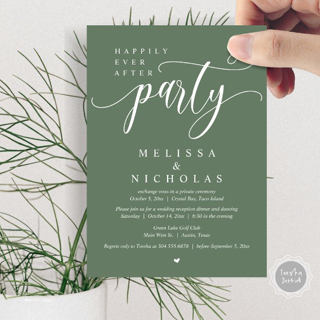 The New Mr and Mrs, Wedding Elopement Dinner Party Invitation (Happily ever after, Wedding Elopement Dinner Party Lunch Invitation Card, PDF, Forest Sage Green)