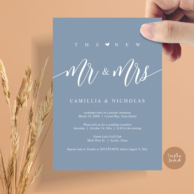 The New Mr and Mrs, Wedding Elopement Party Invitation (The New Mr and Mrs, Modern Wedding Elopement Party Invitation Card, PDF, in Dusty Blue)