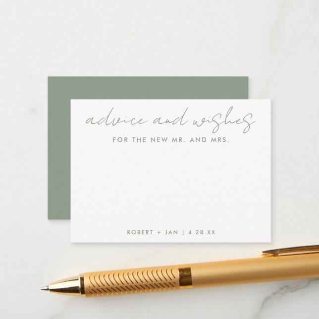 The New Mr + Mrs Minimalist Sage Green Wedding Advice Card (Front/Back In Situ)