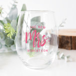 The New Mrs Personalised Bride Stemless Wine Glass<br><div class="desc">Show off your new last name with our super cute personalised stemless wine glass! Design features "the new  mrs. [lastname]" in pink handwritten script typography. Easily customise using the template field provided. Makes a great gift for a newlywed or recent bride.</div>