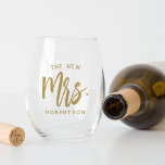 The New Mrs Personalised Bride Stemless Wine Glass<br><div class="desc">Show off your new last name with our super cute personalised stemless wine glass! Design features "the new  mrs. [lastname]" in neutral taupe handwritten script typography. Easily customise using the template field provided. Makes a great gift for a newlywed or recent bride.</div>