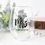 The New Mrs Personalised Bride Stemless Wine Glass<br><div class="desc">Show off your new last name with our super cute personalised stemless wine glass! Design features "the new  mrs. [lastname]" in black handwritten script typography. Easily customise using the template field provided. Makes a great gift for a newlywed or recent bride.</div>