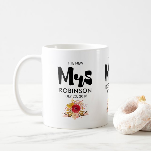 The New Mrs -  Typography with Cute Flowers Coffee Mug (With Donut)