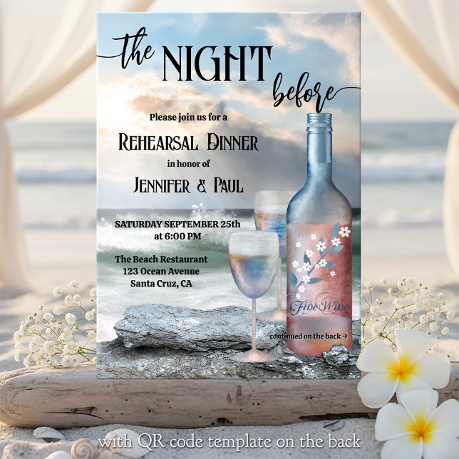 The Night Before Beach and Wine Rehearsal Dinner Invitation (Rehearsal Dinner invitation featuring a fine art painted  wine bottle with two glasses on the beach)