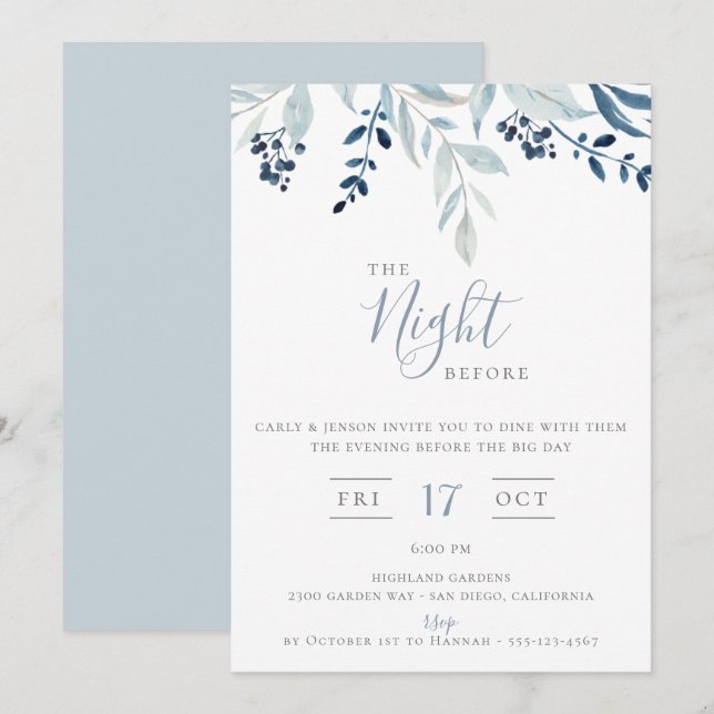 The Night Before Blue Floral Rehearsal Dinner Invitation (Front/Back)