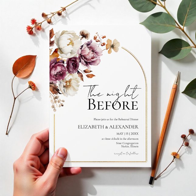 The Night Before Burgundy Floral Rehearsal Dinner Invitation (Creator Uploaded)