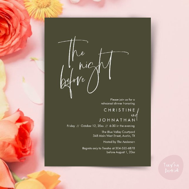 The night before, Casual Wedding Rehearsal Dinner Invitation (The night before, Casual Modern Wedding Rehearsal Dinner Invitation Card PDF Olive Green)